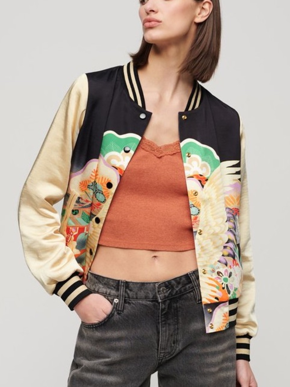 Superdry Suikajan Printed Bomber Jacket Womens 2 Japanese Satin Black Pagon